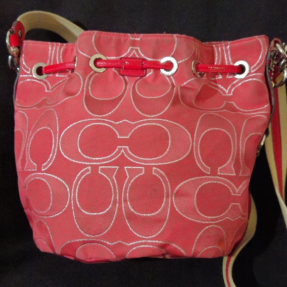 Coach Poppy Pink, Red, & Silver Signature Bucket Shoulder/Crossbody Bag - Picture 2 of 14